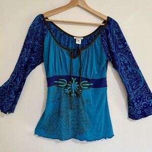 Y2K Peacock Boho MED Tee - Blue Krista Lee Vintage Abstract 3/4 Sleeve‎ Shirt